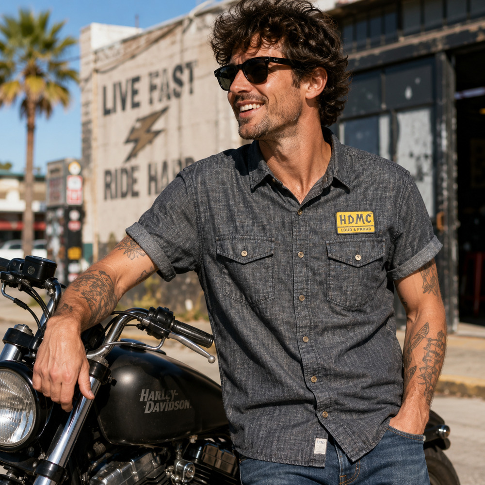 Harley-Davidson HDMC Loud & Proud Gray Chambray Denim Shirt Men XL Snap Front